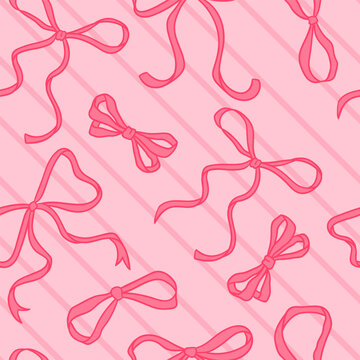Pattern with bows. Seamless print with ribbon bows on a pink background. Trendy background for printing on fabric, paper and other surfaces. Vector background.
