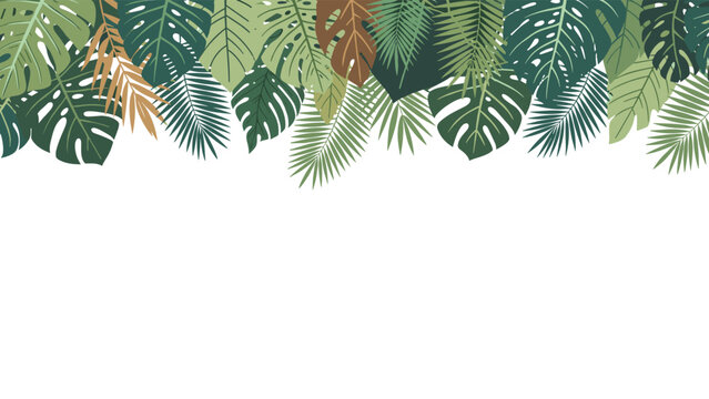 Lush border of various tropical green leaves including monstera and palm fronds for exotic nature themes and summer background designs.