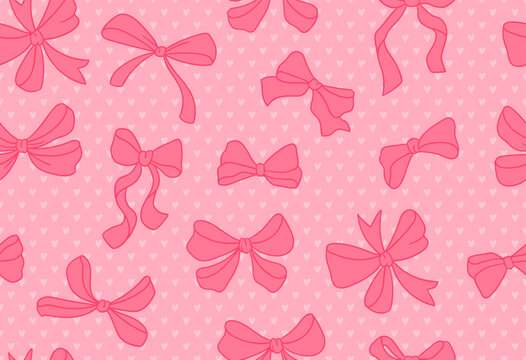 Coquette Seamless Pattern Pink Hand Drawn Stripes with Pastel cute Bow and Ribbon. Wave lines print background. Girly wrapping paper background for Valentine and Birthday. Vector illustration art