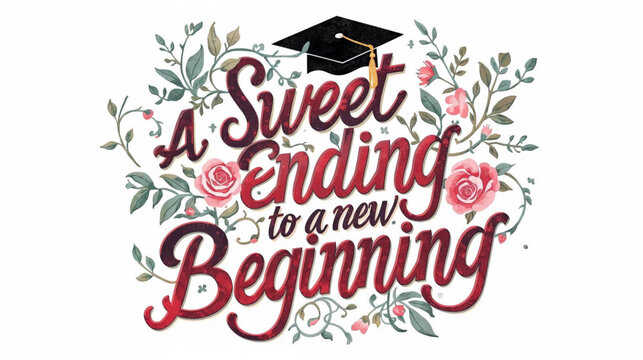 Whimsical calligraphy art with the quote "A Sweet ending to a new Beginning" Graduation Quotes