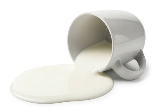 A white ceramic mug is tipped over with milk spilled out