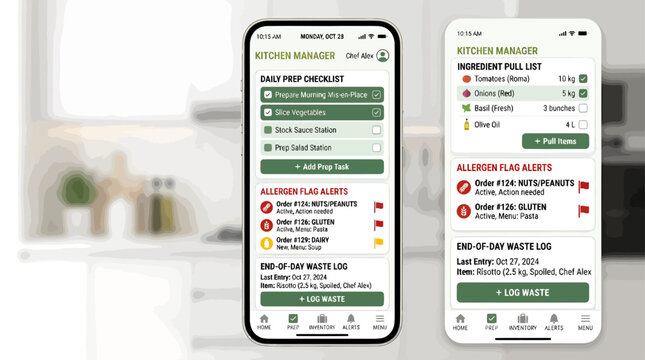 Mobile app interface for professional kitchen management, featuring daily prep checklists, ingredient pull lists, allergen alerts, and waste logging for chefs