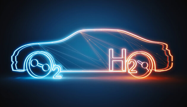 Futuristic neon car outline illustrating hydrogen fuel cell chemical reaction with O2 intake and H2O emission symbols on dark background