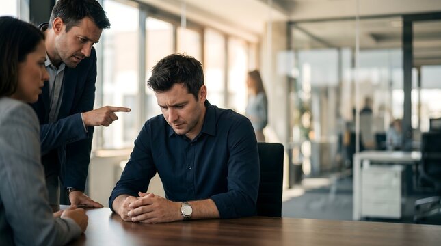 Anxious employee listening intently as an angry manager points and scolds, creating a tense atmosphere during a critical performance review or disciplinary meeting in a modern office