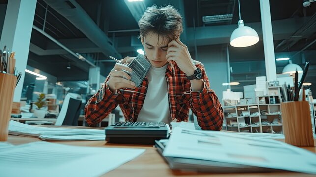 A young person works diligently at a desk, reviewing documents.