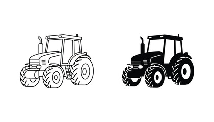 Heavy-duty agricultural farm tractor vehicle illustration presented in both outline and solid fill icon styles © PenTool