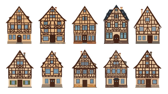 Set of ten charming traditional half timbered houses with varying architecture and window styles for a village scene.