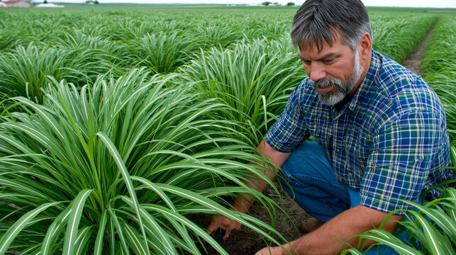 Biomass energy crop field of switchgrass at peak height in spring, rows stretching to the horizon, a researcher crouching to collect soil samples, overcast sky creating soft even light, ideal for bi