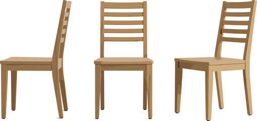 Three Wooden Ladder Back Dining Chair Different Angles View Realistic Flat Vector Illustration for Interior Design © MdRiazul