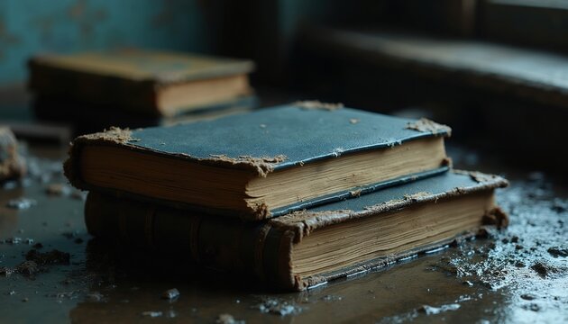 Two old books lie on wet surface. Water damage has ruined the aged pages and covers. Debris and mud surround the soaked literature. Storytelling implies disaster and decay.