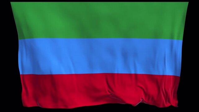 Animated flag of Dagestan waving in the wind. Symbol of Dagestani identity, cultural heritage, and regional pride within the Russian Federation. Suitable for news visuals, documentaries, educational c