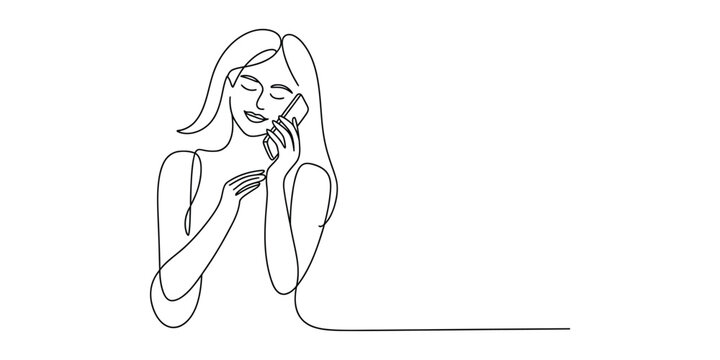 Woman talking on a mobile phone continuous line drawing