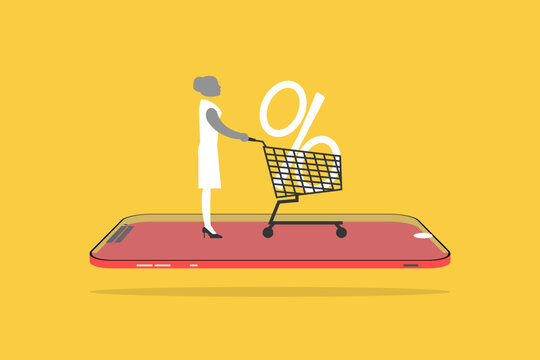 Business concept illustration of customer pushing shopping cart with discount symbol on smartphone, representing mobile commerce, online shopping, digital marketing growth