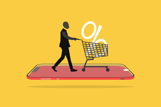 PrinBusiness concept illustration of customer pushing shopping cart with discount symbol on smartphone, representing mobile commerce, online shopping, digital marketing growth