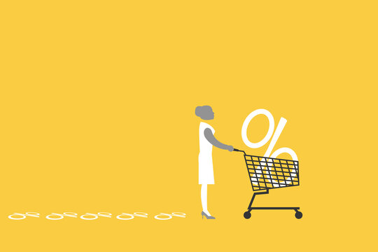 Business illustration of customer pushing shopping cart with percentage discount symbol, representing retail sales, marketing promotion, consumer behavior, e-commerce growth