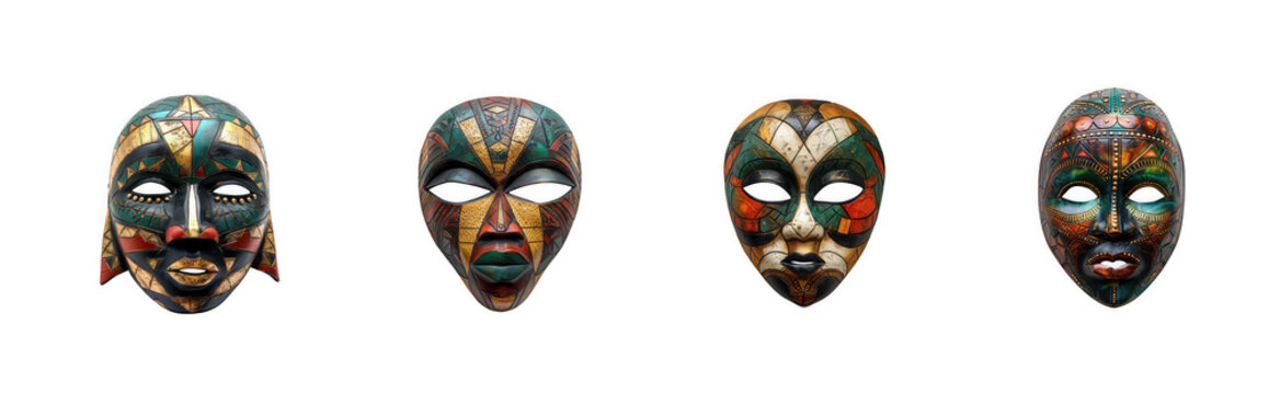 Four decorative and colorful face masks with tribal-like paint and isolated on transparent background