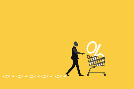 Business illustration of customer pushing shopping cart with percentage discount symbol, representing retail sales, marketing promotion, consumer behavior, e-commerce growth