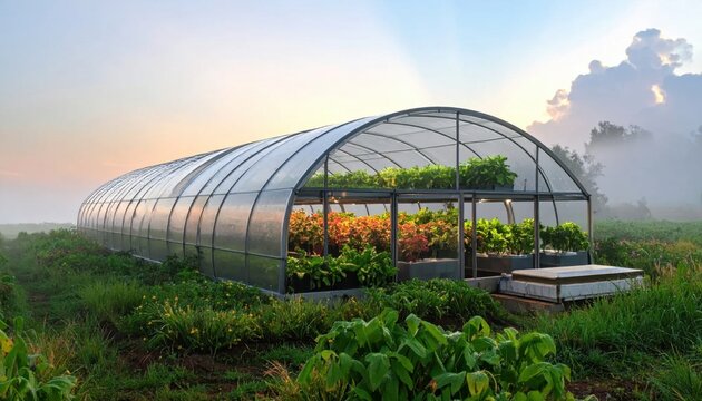 greenhouse with thriving plants and flowers during misty sunrise, sustainable agriculture, horticulture, organic farming, food production, rural farm life