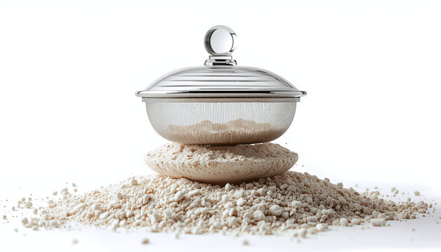Sieve stack with transparent lid (cinematic variation) &ndash; close‑up through the lid showing powder particles being sieved, the mesh structure clearly visible, particles of different sizes