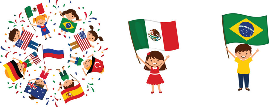 Diverse children holding world flags in a circle with confetti for international friendship day global unity celebration education and multicultural community support vector illustrations.