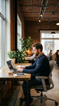 Software Developer Coding at Window Desk in Industrial Coworking Space