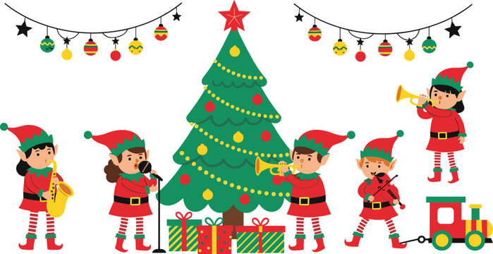 Christmas elf band musical celebration with cute helpers playing instruments around decorated tree and gifts for holiday greeting cards festive party invitations and winter season decorations.