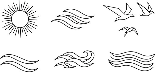Fototapeta premium Minimalist vector illustration set featuring line art symbols of the sun waves and flying birds perfect for modern graphic design and creative branding projects today