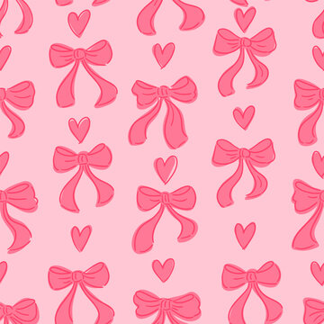 Fashionable coquette seamless vector pattern. Pink ribbon with bows. Trendy retro hand drawn print for textiles, wrapping paper, wallpaper, covers
