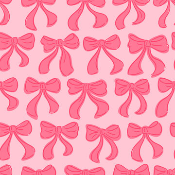 Coquette Seamless Pattern Pink Hand Drawn Stripes with Pastel cute Bow and Ribbon. Wave lines print background. Girly wrapping paper background for Valentine and Birthday. Vector illustration art