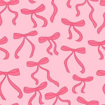 Coquette Seamless Pattern Pink Hand Drawn Stripes with Pastel cute Bow and Ribbon. Wave lines print background. Girly wrapping paper background for Valentine and Birthday. Vector illustration art