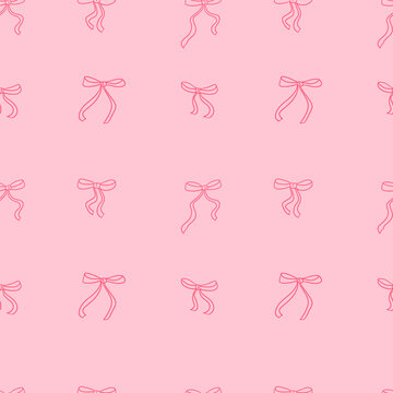 Coquette Seamless Pattern Pink Hand Drawn Stripes with Pastel cute Bow and Ribbon. Wave lines print background. Girly wrapping paper background for Valentine and Birthday. Vector illustration art