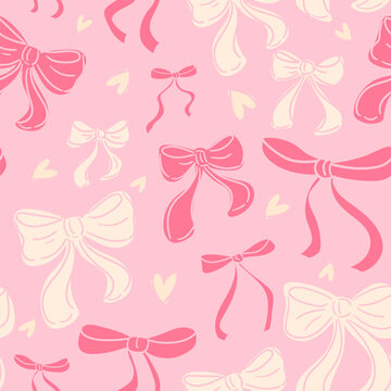 Seamless pattern with bows and heats. Trendy Romantic curly decorative vector pattern with bow, heart. Wavy background with pink bow. Vintage retro design for greeting card, wedding and birthday party