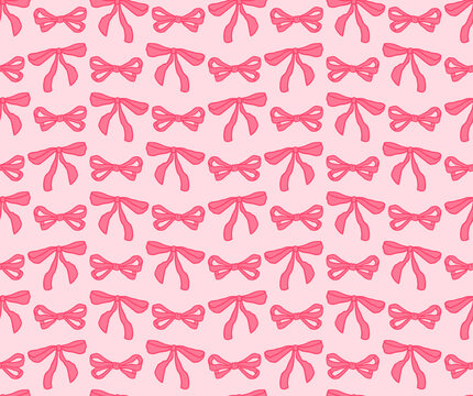 Fashionable coquette seamless vector pattern. Pink ribbon with bows. Trendy retro hand drawn print for textiles, wrapping paper, wallpaper, covers