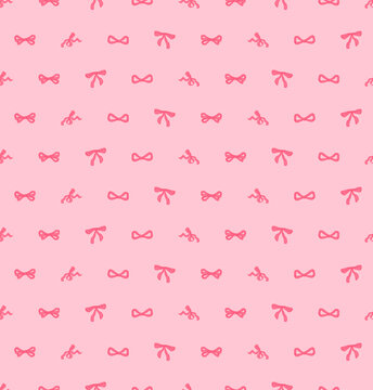 Seamless pattern with bows and heats. Trendy Romantic curly decorative vector pattern with bow, heart. Wavy background with pink bow. Vintage retro design for greeting card, wedding and birthday party