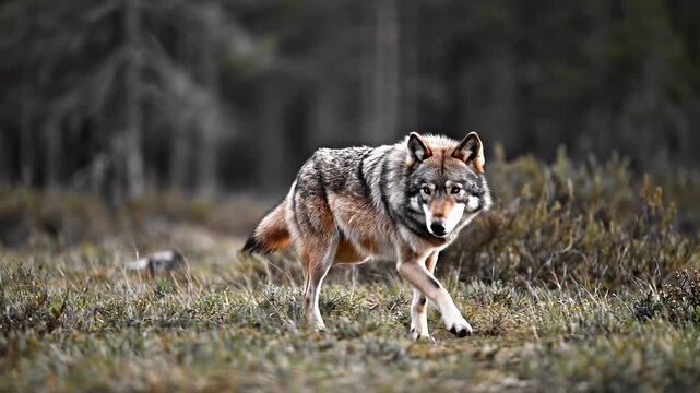 Majestic grey wolf walking through a wild forest clearing