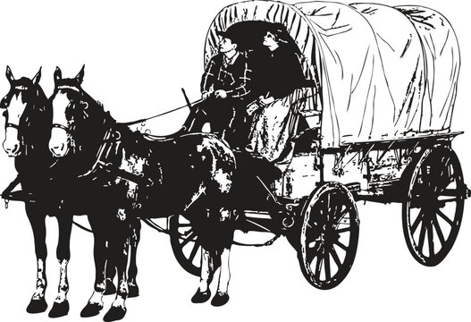 Horse drawn carriage vintage travel illustration with horse and coachman on traditional street