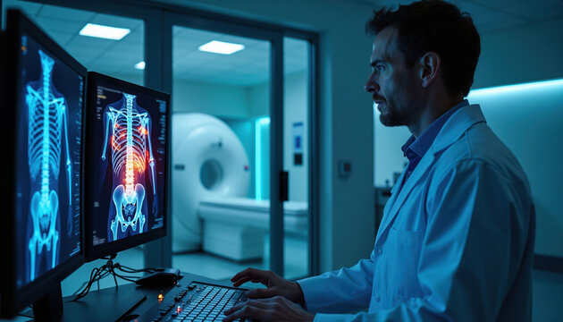 Doctor analyzes spine scan showing red hotspots on monitors in diagnostic room. CT scanner machine visible in background. Modern medical tech.