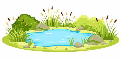 cartoon pond with blue water and green vegetation © Rakesh