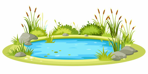 Cartoon pond with blue water and green vegetation isolated on white © Rakesh