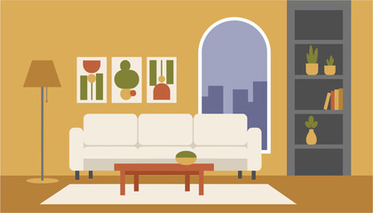 Cozy living room interior with white sofa, coffee table and bookshelf © AKTER STOCK