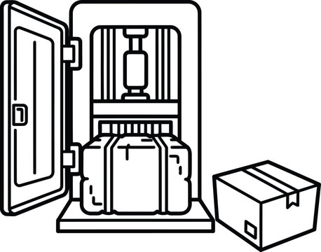 Industrial hydraulic baler machine line icon, waste management recycling equipment vector, cardboard box compactor for warehouse logistics