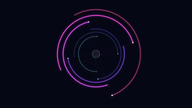 Abstract motion graphics with rotating neon circles and digital dots
