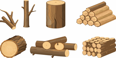Various forms of wood logs branches and lumber illustration © Rakesh