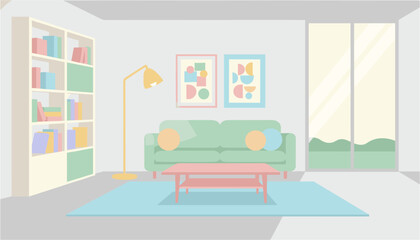 Cozy modern living room with green sofa and colorful bookshelf illustration © AKTER STOCK