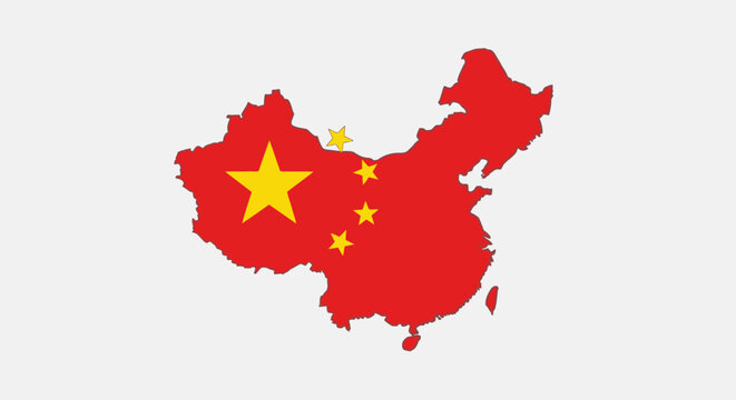 Vibrant red map of China with yellow stars representing its national flag, a clear geographic illustration on an isolated white background.