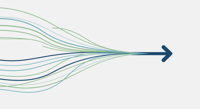 Abstract illustration of multiple wavy lines in blue and green converging into a single blue arrow pointing right, symbolizing unity and direction.