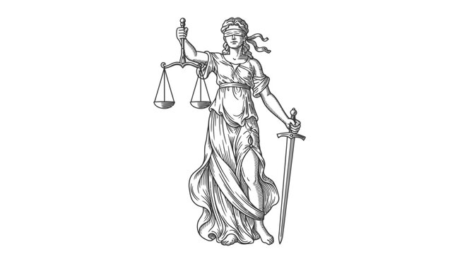 Detailed sketch of Lady Justice, blindfolded and holding scales and a sword, symbolizing fairness and the rule of law.
