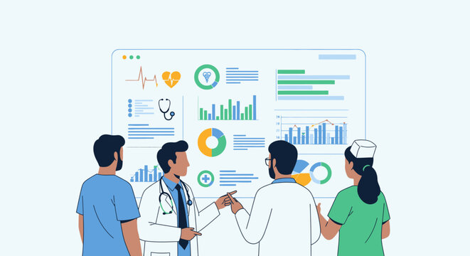 Medical professionals analyzing healthcare data on a large screen with charts and graphs for improved patient care and operational efficiency.
