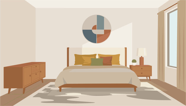 Modern bedroom with cozy bed and colorful pie chart wall art