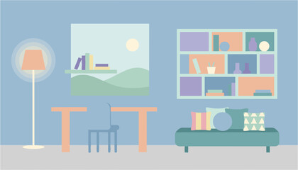 Modern minimalist living room interior with bookshelf and table lamp © AKTER STOCK